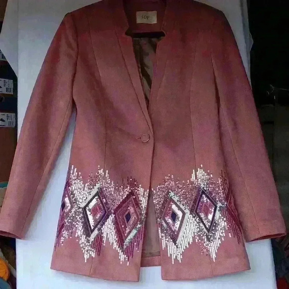 Women's M/L mauve velvet suede sequined unstructured blazer SDF line 42 glitter - Picture 4 of 8